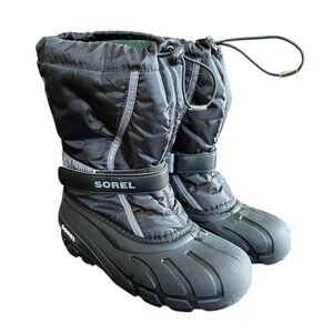 ❄️ Sorel Youth Flurry Winter Boots Size 6 Black/Grey Waterproof EUC